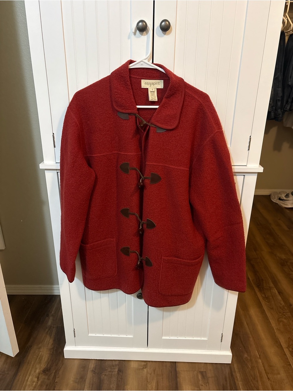 Vintage Easy Spirit 100% Wool Red Toggle Coat Size 2 90s Duffle Jacket Rustic